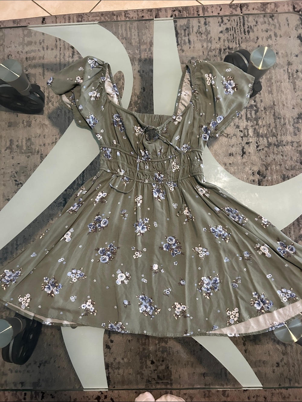 Olive Green Floral Dress with Puff Sleeves
